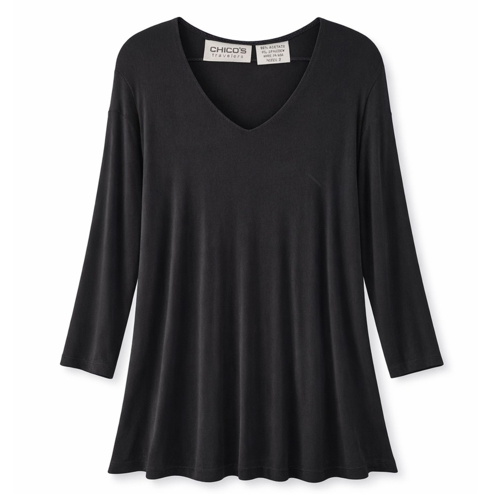 Chicos Travelers Black V-Neck Tunic Top 3/4 Sleeve Ribbed Size 2 Large